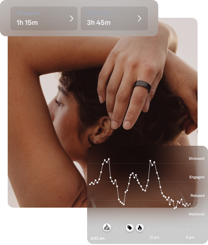 Person managing stress with data overlay